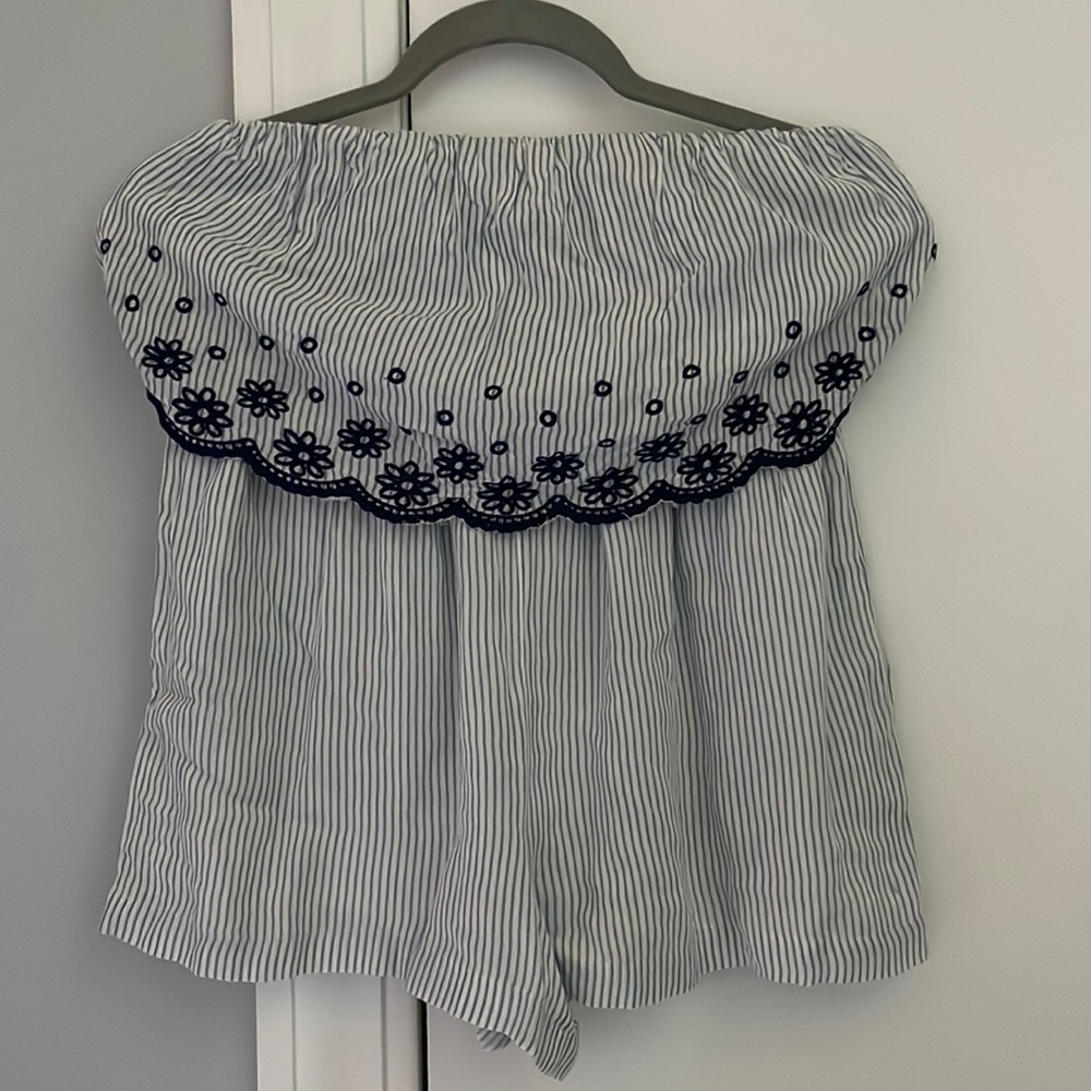 Jessica Simpson blue and white striped strapless romper